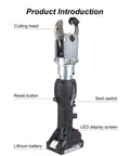 Beefy 70 KN Cordless Hydraulic Cable Cutter For 30mm Cables with labeled parts: cutting head, reset button, start switch, LED display, battery.