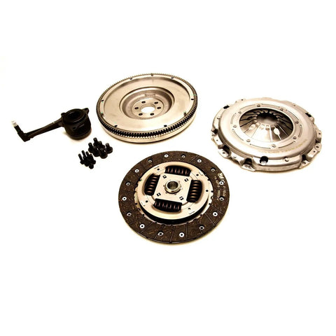 Heavy Duty Clutch Flywheel Conversion Kit For Vw Golf And Jetta 2009 To 2014 Featuring L4 Two Liter Engine parts arranged with flywheel and clutch.