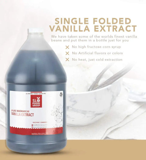 1 gallon Pure Vanilla Extract For Baking And Cooking, Rich, Concentrated Flavor From Premium Madagascar, Uganda And Papua New Guinea Beans, Aged 180 Days, Lightly Filtered, Airtight Bottled Kitchen Essential bottle with label on display.