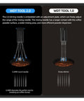 Level Up Your Daily Grind With This Adjustable Wdt Espresso Coffee Stirrer Featuring Rotating Needle Spread Magnetic Holder And Six Spare Tips For Flawless Shots No Cap showing side-by-side comparison of WDT Tool 2.0 and 1.0 with espresso grounds.