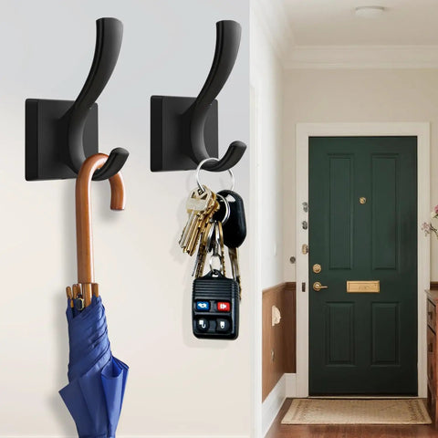 Heavy Duty Black Towel Hooks 3 Pack For Bathroom Wall Mount Robe Coat Hats Bags Keys And More Utility Hangers With Smooth Curved Edges Durable Steel Construction And Space Saving Modern Finish with keys and umbrella hanging.