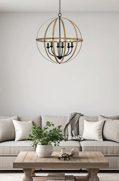 Harmon 27 Inch Six Light Dope Modern Farmhouse Armillary Chandelier With Sphere Globe Design in living room setting