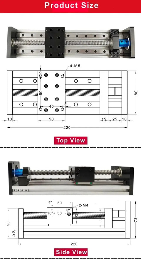 Top and side views of the 1605 Ballscrew With 300mm Effective Travel For Linear Guide Slide Motion Rail Table Setup.