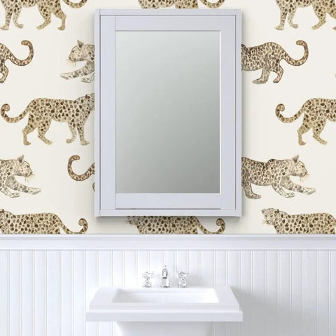 Heavy Duty Leopard Print Wallpaper With A Classic Matte Linen Texture Designed For Busy Kitchens And Bathrooms Because This Stuff Really Hits Different And Holds Up Forever on bathroom wall with white mirror