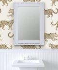 Clean Leopard Print Neutral Vinyl Wall Covering Featuring A Slick Leather Texture And Top Shelf Commercial Durability For Your Next Epic Home Upgrade Now with mirror over sink.