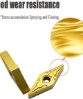 Gold carbide turning tool holder with replaceable VNMG331 insert; angled front view with close-up edge detail.