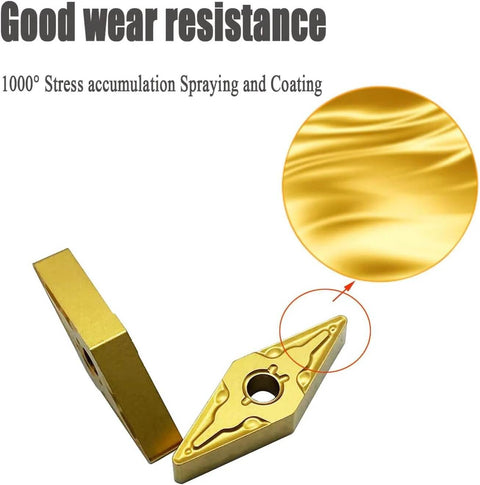 Gold carbide turning tool holder with replaceable VNMG331 insert; angled front view with close-up edge detail.