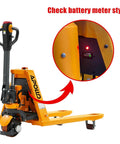 Apollo Full Electric Pallet Jack With 3300 Lbs Capacity And Forty Eight By Twenty Seven Inch Forks showing battery meter indicator.