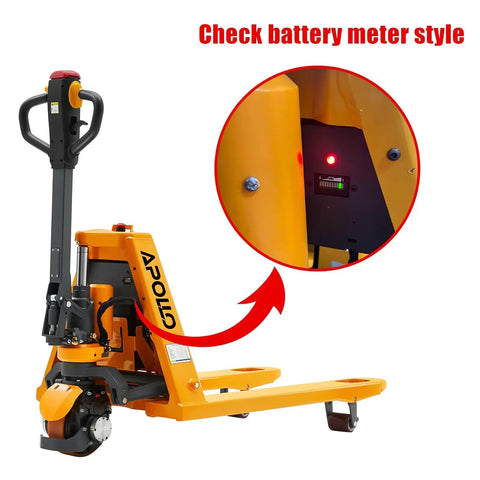 Apollo Full Electric Pallet Jack With 3300 Lbs Capacity And Forty Eight By Twenty Seven Inch Forks showing battery meter indicator.