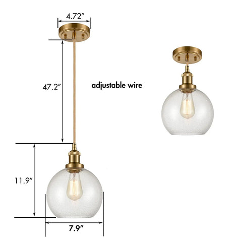 Modern Brass Seeded Glass Pendant Light With Dimmable Hanging Fixture Handblown Clear Glass Shade With Tiny Bubbles Warm Brass Finish