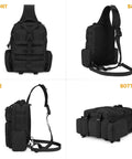 Rugged Tactical Molle Sling Bag With Single Strap For Men EDC Everyday Carry Pack, front, back, side, bottom views, large capacity