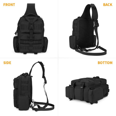Rugged Tactical Molle Sling Bag With Single Strap For Men EDC Everyday Carry Pack, front, back, side, bottom views, large capacity