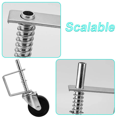 Heavy Duty 2 Pack 4 Inch Spring Loaded Gate Casters With 360 Swivel Wheels 220 Lb Capacity showing metal spring mechanism and wheel details.