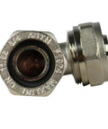 Close-up of Elbow Fitting For Three Quarter Inch Tubing Three Pack, Nickel Plated Brass, Double O Ring Compression, Heavy Duty