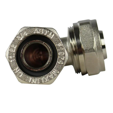Close-up of Elbow Fitting For Three Quarter Inch Tubing Three Pack, Nickel Plated Brass, Double O Ring Compression, Heavy Duty
