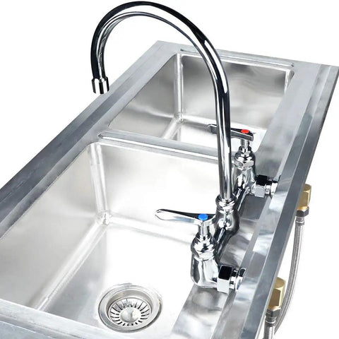 Commercial Wall Mount Kitchen Faucet With 8-Inch Center Gooseneck Swivel Spout, Two Handles, Heavy Duty Brass Chrome Finish