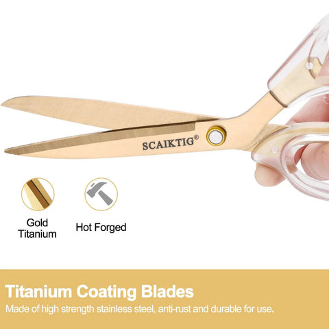 Acrylic Scissors Set With Titanium Gold Coated Blades For All-Purpose Heavy-Duty Office Desk Scissors With Clear Comfort-Grip Handles Boss-Level Sharp For Sewing Arts Crafts School And Home Projects, gold-coated blade close-up