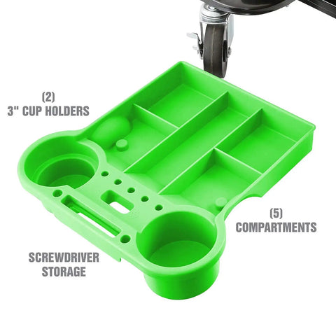 Heavy Duty Rolling Workbench And Creeper Seat For Auto Repair, green tool tray with cup holders and compartments, wheels visible