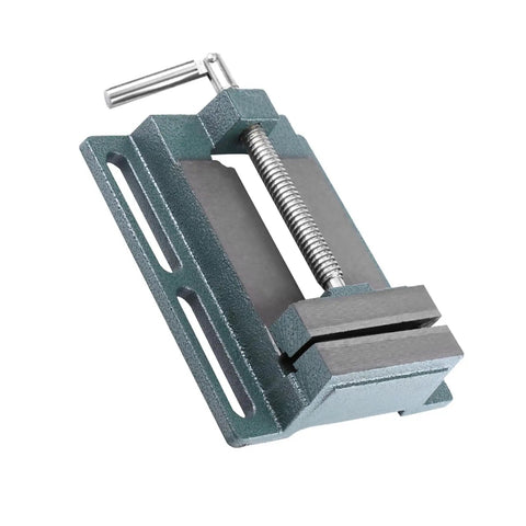 Senecesli 4 Inch Heavy Duty Cast Iron Drill Press Vice Smooth Moving Milling Machine Vise Durable Workshop Clamp Machinist Tool Sturdy Grip close-up view of gray cast iron vise with steel guide rod.