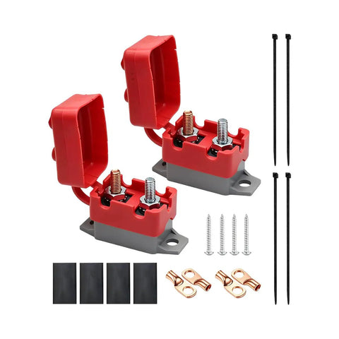Heavy Duty Automatic Reset Circuit Breaker 10A Waterproof Stud Bolt For Trucks And Trailers with red caps and installation hardware.
