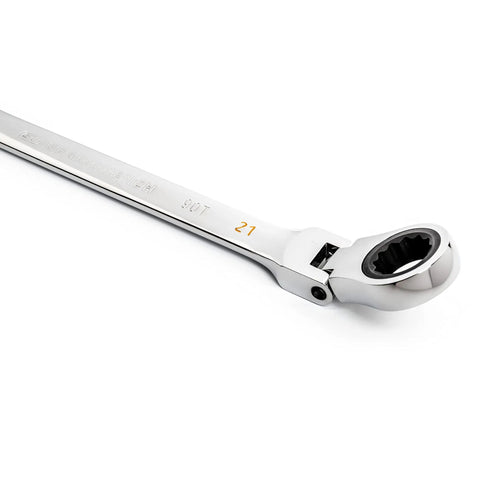 21mm 4 Degree Swing Arch 12 Point Flex Head Ratcheting Combination Wrench For Tight Spots With Dual Direction Off Corner Loading Flexible Head Access And Easy Grip Durable Steel Build shown close-up
