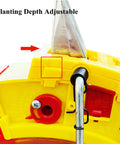 Close-up of planting depth adjustment mechanism on Garden Seeder With Hand Push Roller And Fertilizer Spreader Dual Storage Buckets.
