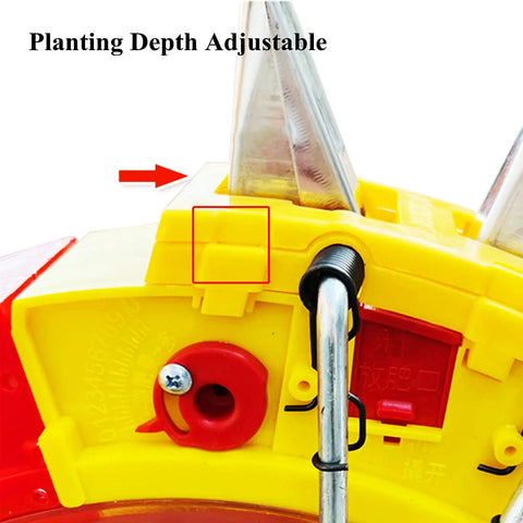 Close-up of planting depth adjustment on Portable Hand Push Seeder And Fertilizer Spreader For Walk Behind Row Crop Garden Planter