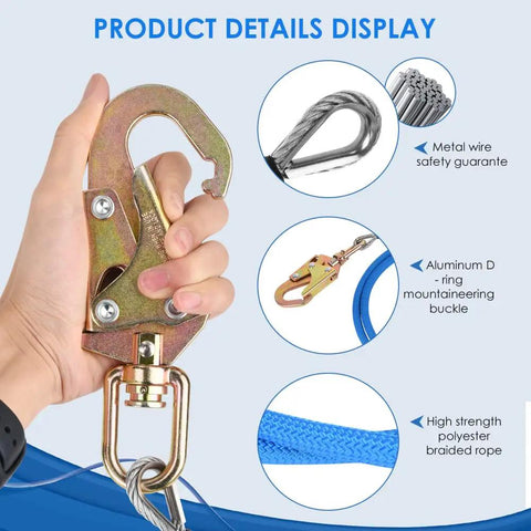 Hand holding Blue Steel Core Flip Line Kit For Tree Climbers with Double Lock Carabiner and rope details