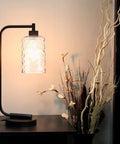 Table lamp with Hammered Glass Cylinder Shade Replacement For Wall Sconce Vanity Pendant Lights, rippled texture, lit indoors