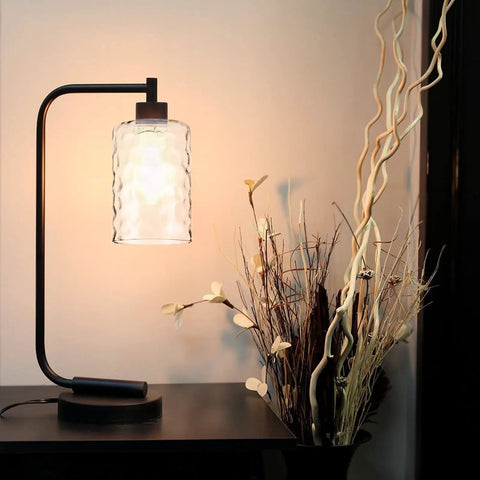 Table lamp with Hammered Glass Cylinder Shade Replacement For Wall Sconce Vanity Pendant Lights, rippled texture, lit indoors