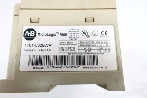 MicroLogix 1000 Controller 24V DC SER E 1761-L32BWA Replacement Part For PLC Systems With Broken And Cracked Plastic Housing For Parts Or Repair D625169 label