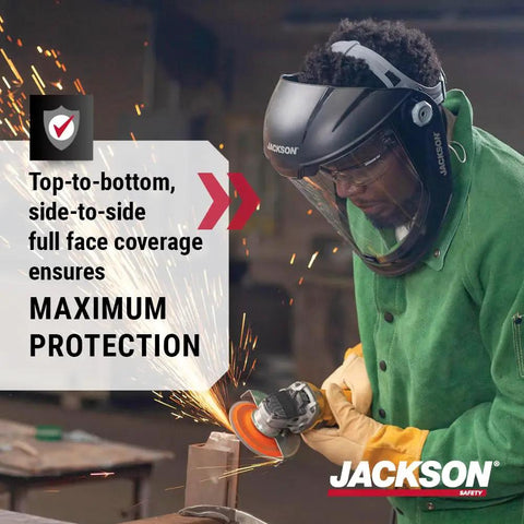 Worker using MAXVIEW Premium Face Shield with 370 Speed Dial in industrial setting, sparks flying, offering full-face ANSI Z87.1 protection.