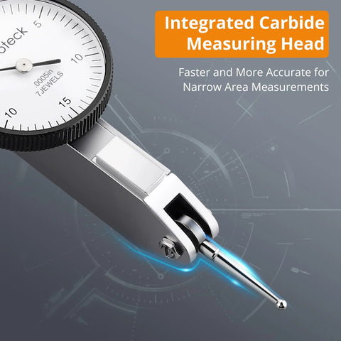 Neoteck dial test indicator with 0-0.03 in range, silver body and slender probe