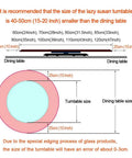 Size recommendation chart for Large Glass Lazy Susan Turntable For Kitchen Dining Table with various diameter options listed.