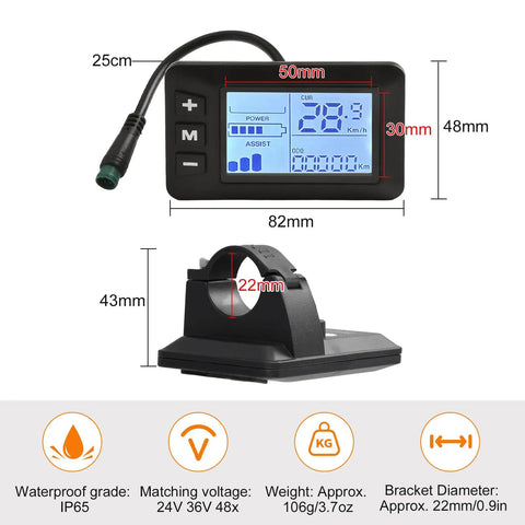 Electric Bike LCD Display For Handlebars 24V 36V 48V Compatible E Bike Control Panel 0.87 Inch Connector No 2 Communication Protocol Black And White Screen Ride Ready Gauge Upgrade