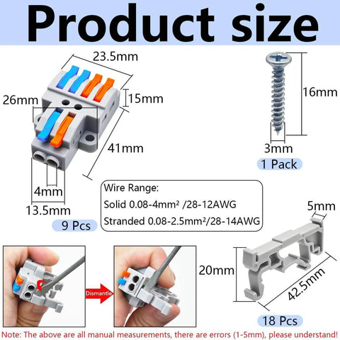 Two In Four Out Lever Terminal Block Kit For Quick Wire Splicing with dimensions and components shown, including screws.
