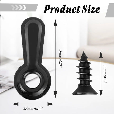 Front view of black metal picture frame turn-button fastener with circular ring and matching screw, 19mm long, 8.5mm wide.