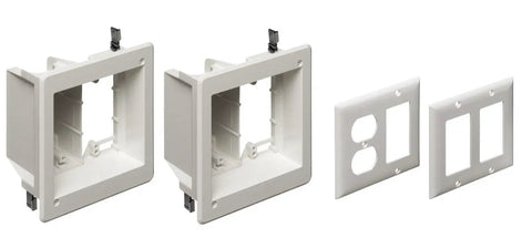 Flat Panel TV Cable Organizer 2 Gang Kit With Recessed Power Solution components including non-metallic trim plate, paintable, sturdy.