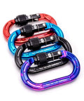 Colorful aluminum carabiners in red, blue, black, and purple with screw-lok design, marked 'Not for Life Safety' for gear mounting.