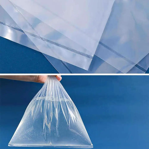 Clear Flower Water Bags Pro Grade 100 Pack Transparent Wrapping Sleeves for Bouquets shown with water, durable for floral use.