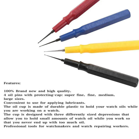 Watch Repair Tool Kit With Four Pro Grade Oil Pins And Oil Cup For Watchmakers And Clocks, Oiler Pen Needles In Small To Large Sizes