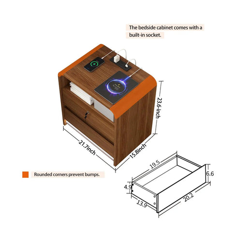 Sleek Nightstand Set Of Two Killer Bedside Table With Built In Charging Station LED Mood Light And Dead Simple Lockable Drawer Makes Your Room Layout A Total Breeze - top view showing dimensions and features like charging ports.