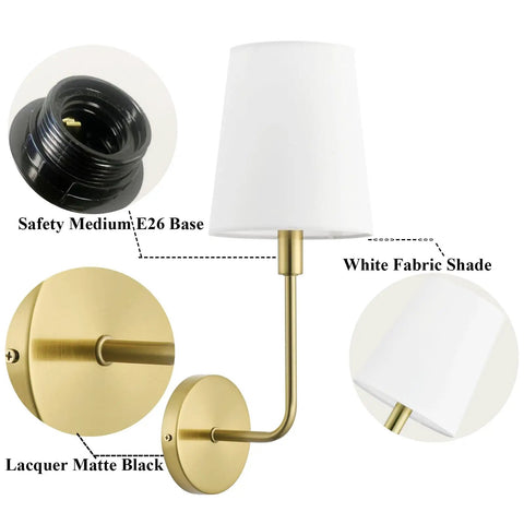Antique Brass Wall Sconces Set Of 2, Vintage Industrial Lighting With Fabric Shades, Hardwired E26 Sockets, Cozy Farmhouse