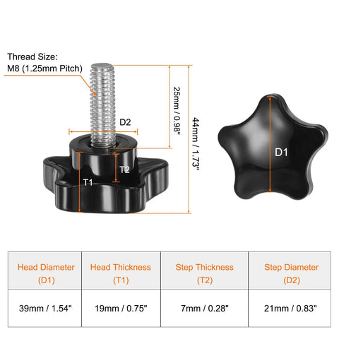 Diagram of 4 Pack M8 Star Clamping Knobs With 39mm Large Plastic Five Star Heads for Easy Hand Tightening, 25mm Thread dimensions