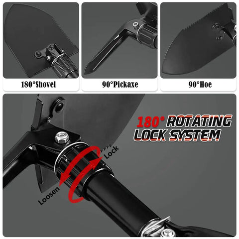 Lightweight 18.5 Inch Folding Shovel For Camping And Hiking with rotating lock system, high-carbon steel tool angles for shovel, pickaxe, and hoe.