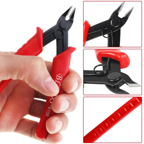 Pro Grade Flush Cutter Wire Cutters With Anti Slip Handles held in hand, close-up of cutting edges and red anti-slip grips