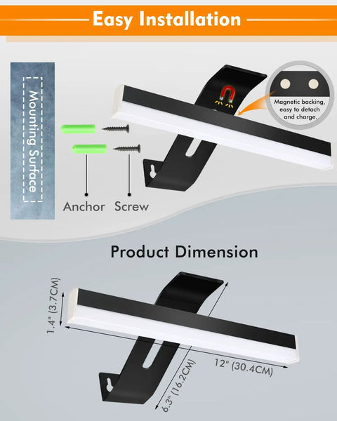 Rechargeable Picture Light With Remote 4000mAh Battery 300 Lumen LED Art Light Bar installation with magnetic backing and dimensions