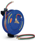 Retractable Welding Hose Reel With Twin Oxygen And Acetylene Rubber Hoses Heavy Duty Steel Arm Three Hundred PSI Rating Quarter Inch By Fifty Foot Industrial Standard Duty