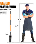 Heavy Duty Trench Shovel For Clean Trenches With Fiberglass Handle 58 Inch Long 4 Inch Trenching Shovel Durable High Carbon Steel Blade With Rust Resistant Coating For Yard Work And DIY Projects shown with detailed measurements beside a person for scale.