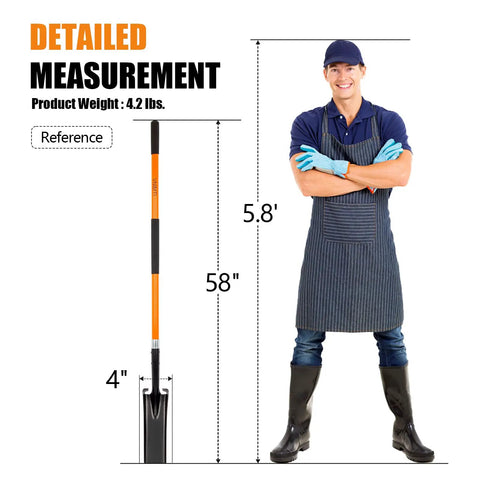 Heavy Duty Trench Shovel For Clean Trenches With Fiberglass Handle 58 Inch Long 4 Inch Trenching Shovel Durable High Carbon Steel Blade With Rust Resistant Coating For Yard Work And DIY Projects shown with detailed measurements beside a person for scale.